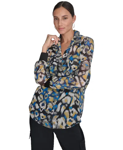 Dkny Floral Print Long Sleeve Chiffon Shirt In Brushstroke Leopard