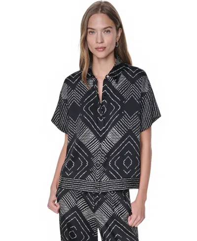 Dkny Women's Printed Button-down Collared Neck Shirt In Black