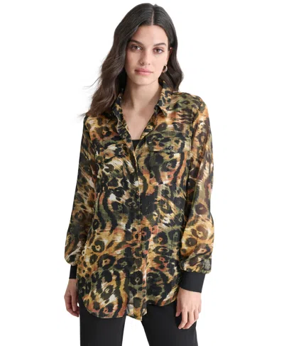 Dkny Metallic Animal Print Button-up Shirt In Autmn Mix