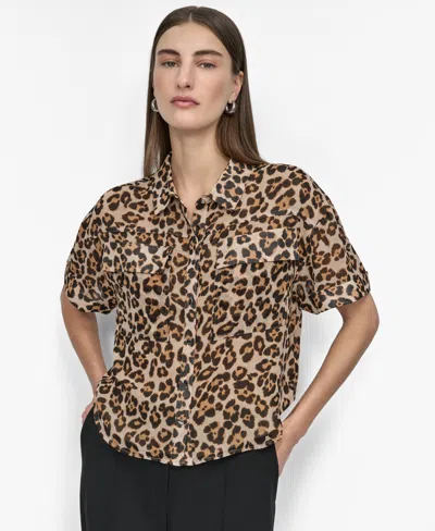 DKNY WOMEN'S PRINTED CHIFFON CAMP SHIRT