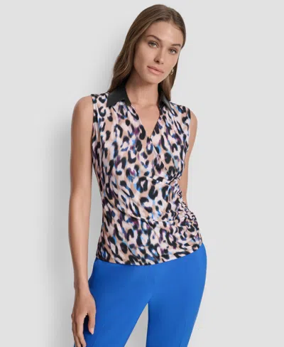 Dkny Women's Printed Contrast-collar Surplice Top In Blue