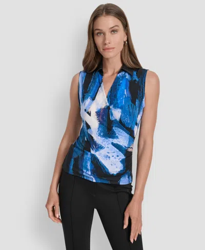 Dkny Women's Printed Contrast-collar Surplice Top In Blue
