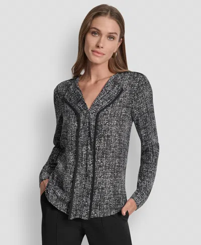 Dkny Women's Printed Contrast-trim V-neck Top In Multi