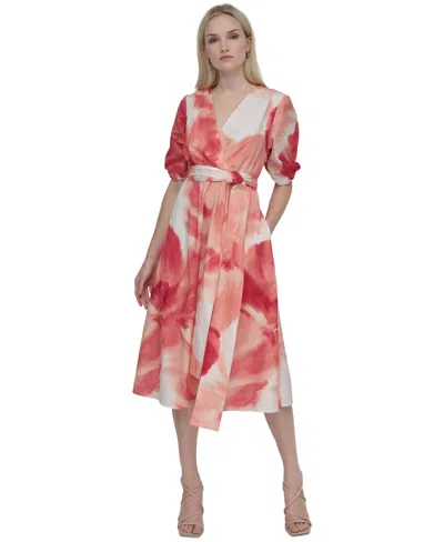 Dkny Women's Printed Cotton Puff-sleeve Fit & Flare Dress In Watermelon Sugar