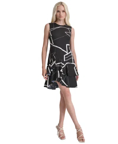Dkny Women's Printed Double-layer Fit & Flare Dress In Black Eggshell