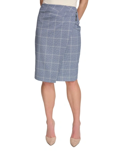 Dkny Women's Printed Faux-wrap Buckle-trim Skirt In Cobalt Multi