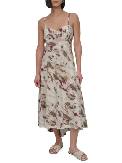 Dkny Women's Printed Linen-blend Cut-out Midi-dress