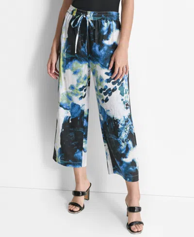 Dkny Floral Print Straight Leg Linen Ankle Pants In Abstr Peac