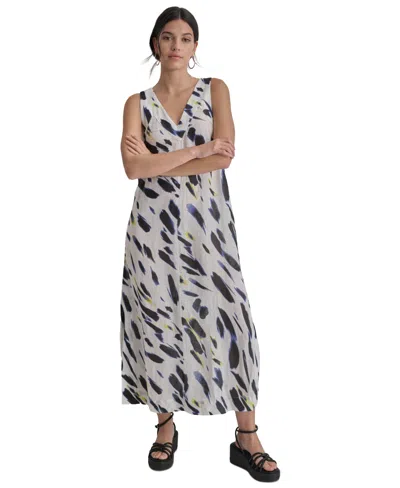 Dkny Women's Printed Linen V-neck Sleeveless Maxi Dress In Fluo Ylw,w