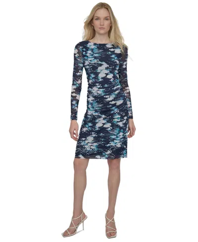 Dkny Women's Printed Mesh Long-sleeve Bodycon Dress In Blue