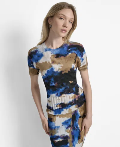 Dkny Women's Printed Mix-rib Short-sleeve Sweater