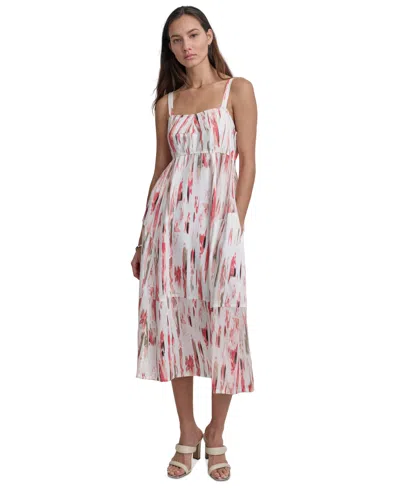 Dkny Women's Printed Mixed-media Tiered Sleeveless Dress In Brkn Brsh