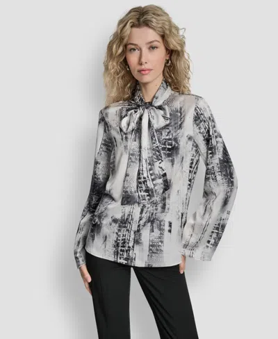 Dkny Women's Printed Neck Tie Long Sleeve Blouse In Multi
