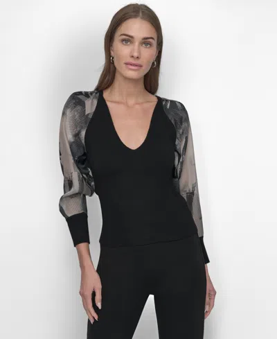 Dkny Women's Printed Organza-sleeve V-neck Shirt In Bk,skyln Colge Blk