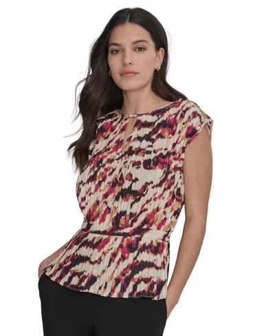 Dkny Women's Printed Pleated Cap Sleeve Blouse In Parchment