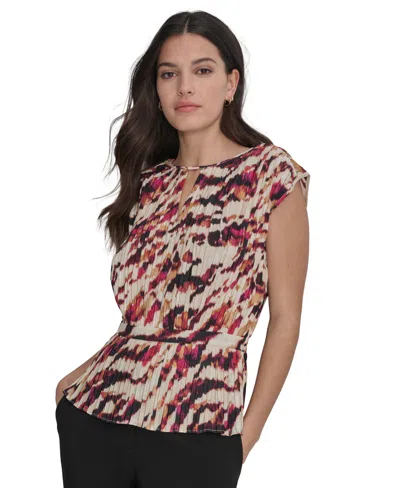 Dkny Petite Printed Draped-neck Zipper-shoulder Top In Parchment