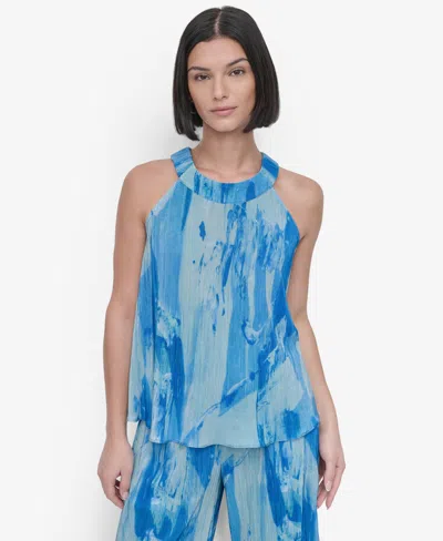 DKNY WOMEN'S PRINTED PLISSE SLEEVELESS BLOUSE