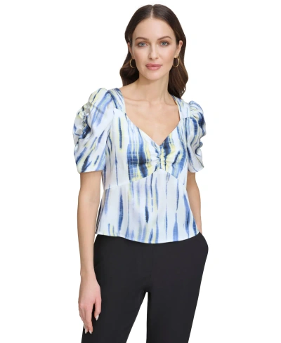 Dkny Women's Printed Puff-sleeve Blouse In White,inky Blue Multi