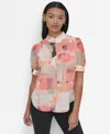 Shop Dkny Women's Printed Puff-sleeve Button-front Blouse In Coral Crush Multi