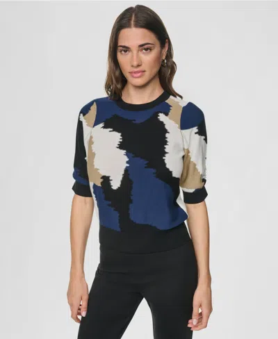 Dkny Women's Printed Puff-sleeve Sweater In Blue