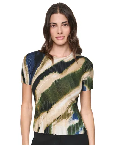 Dkny Women's Printed Rib Knit Crewneck Short-sleeve Sweater In Brushed Riverside