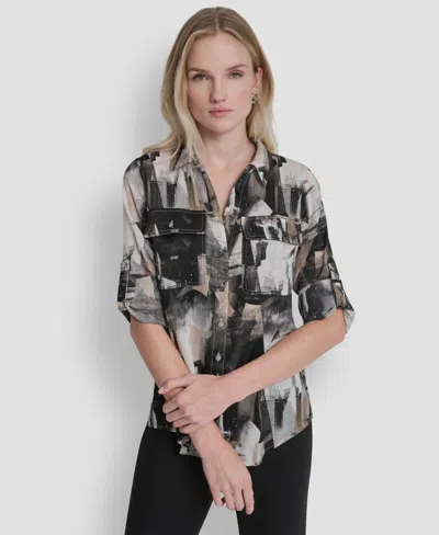 Dkny Women's Printed Roll-tab Shirt In Black