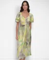 Dkny Ruched Printed Satin Midi Dress In Watercolor Hues
