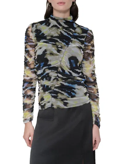 Dkny Women's Printed Ruched Mesh Top In Multi