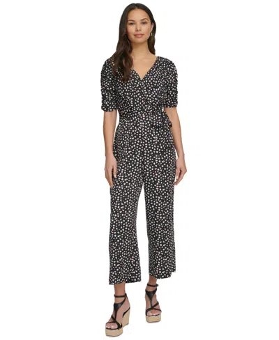 Dkny Women's Printed Ruched-sleeve Cropped Jumpsuit In Black Multi