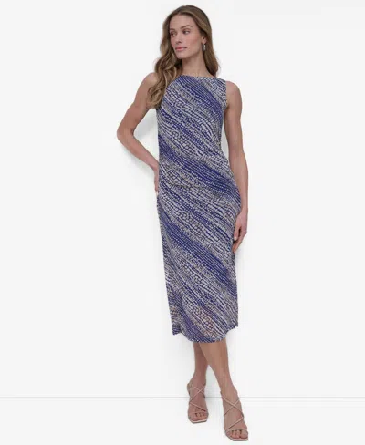 Dkny Women's Printed Ruched Sleeveless Midi Dress In Blue