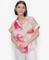 Dkny Abstract Print Textured Short Sleeve Button-up Shirt In Pink