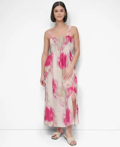 DKNY WOMEN'S PRINTED RUMPLED VOILE SMOCKED DRESS