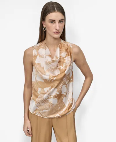 Dkny Women's Printed Satin Cowlneck Sleeveless Blouse
