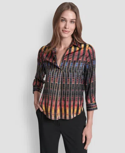 Dkny Women's Printed Satin Long Sleeve V-neck Blouse In Multi