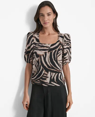 DKNY WOMEN'S PRINTED SATIN PUFF-SLEEVE ZIPPER TOP