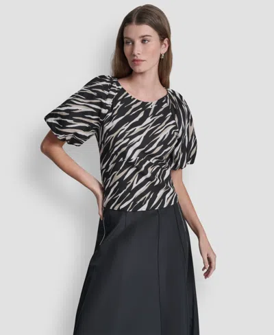 Dkny Women's Printed Scoop-neck Short-puff-sleeve Top In Black