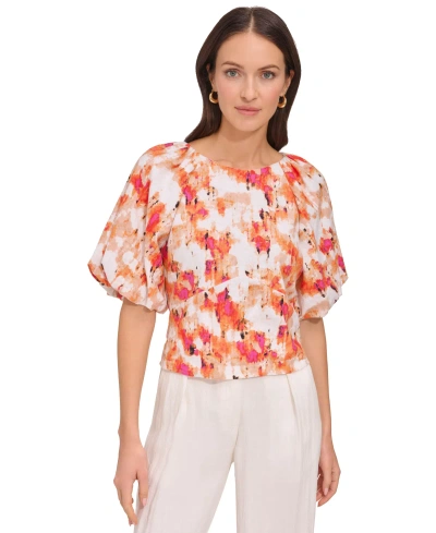 Dkny Womens Printed Scoop Neck Short Puff Sleeve Top Drapey Organza Belted Wide Leg Pants In Ivory,orange Blossom Multi