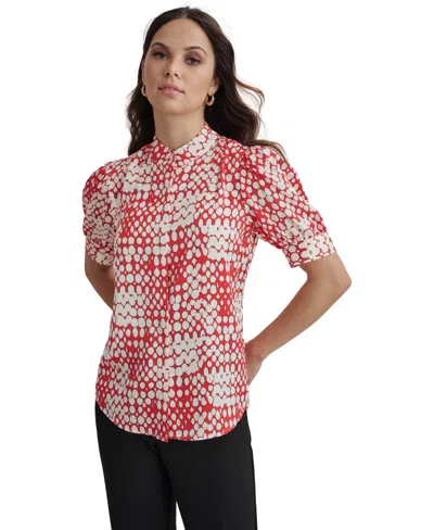 Dkny Women's Printed Short Sleeve Blouse In Flame Multi