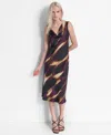 Dkny Women's Printed Sleeveless Cowlneck Midi Dress In Black Raisin