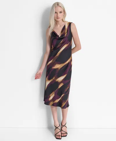 Dkny Women's Printed Sleeveless Cowlneck Midi Dress In Black Raisin