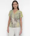 Dkny Women's Printed Surplice-neck Short-sleeve Mesh Top In Watercolor Hues