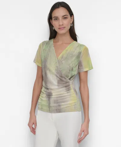 Dkny Women's Printed Surplice-neck Short-sleeve Mesh Top In Watercolor Hues