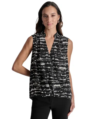 Dkny Women's Printed Surplice Sleeveless Top In Blk,parchm