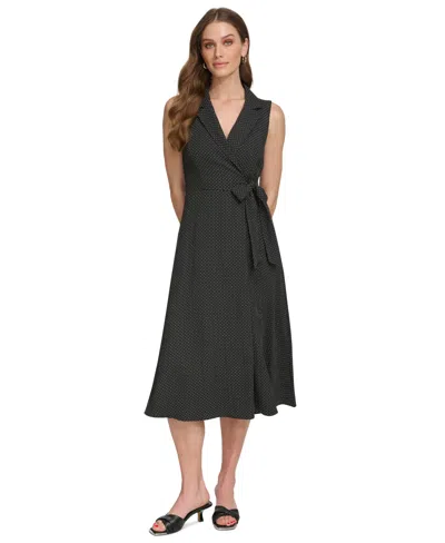 Dkny Women's Printed Tie-waist Sleeveless A-line Dress In Black,cream
