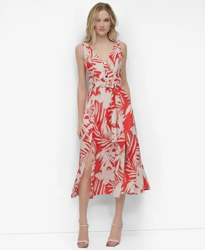 Dkny Women's Printed V-neck Belted Sleeveless Dress