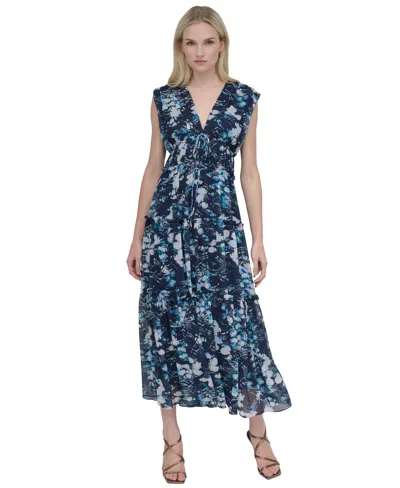 Dkny Women's Printed V-neck Empire-waist Tiered Dress In Indigo Multi