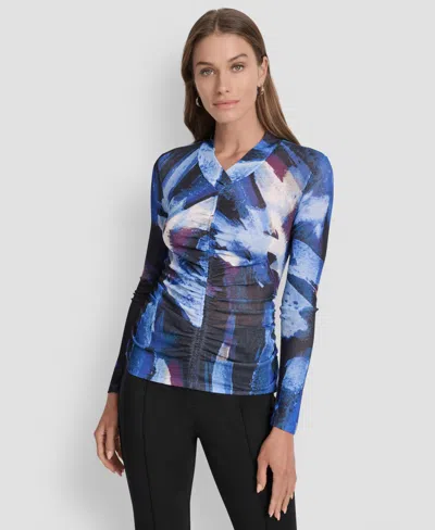 Dkny Women's Printed V-neck Ruched Top In Blue