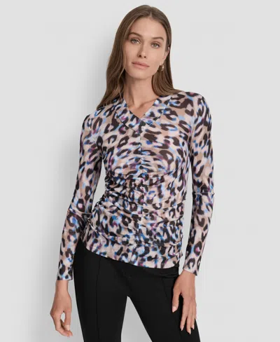 Dkny Women's Printed V-neck Ruched Top In Multi