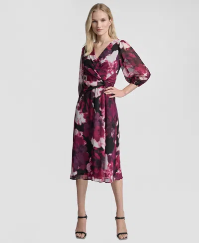 Dkny Women's Printed V-neck Midi Dress In Multi