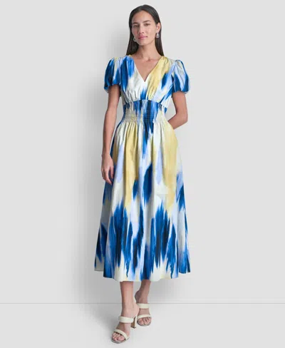 Dkny Women's Printed V-neck Smocked Midi Dress In Blue